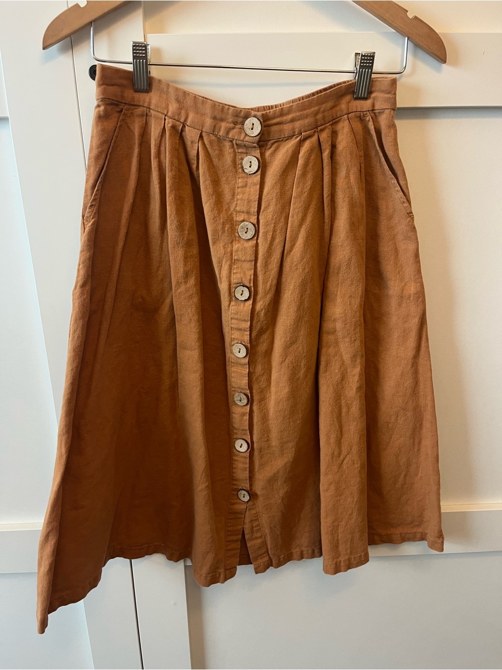 Linen Blend Button-Front Brown Midi Skirt